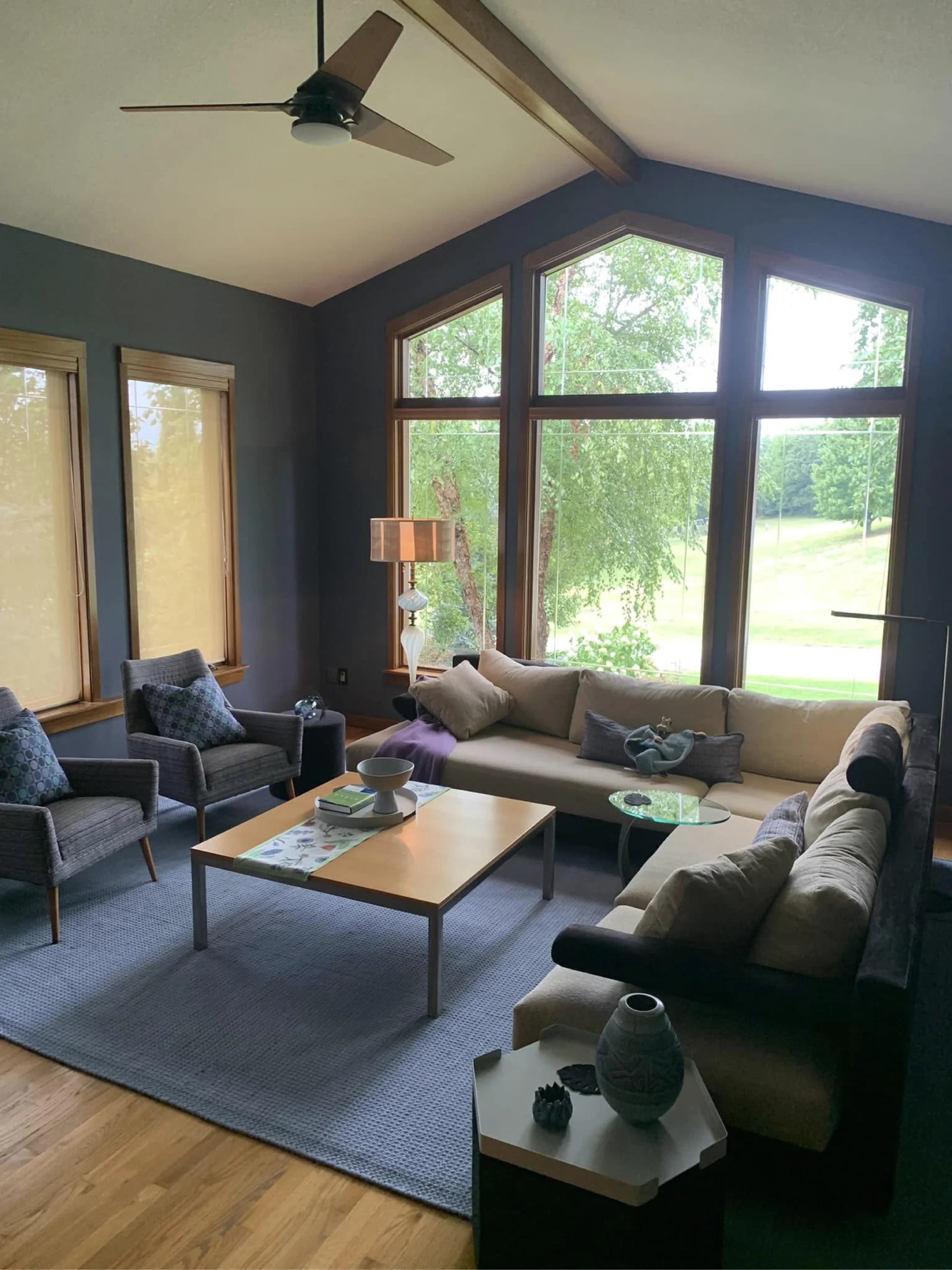 an elegant and bright living room with freshly painted charcoal grey walls